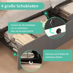 Lit avec rangement 160x200 cm double capitonné avec ports USB-C et LED, 4 tiroirs intégrés, tissu lin gris, sans matelas><noscript><img width=
