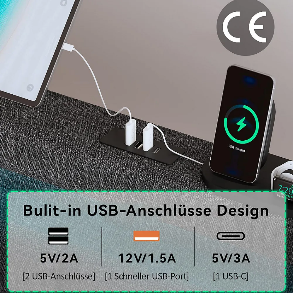 Lit avec rangement 160x200 cm double capitonné avec ports USB-C et LED, 4 tiroirs intégrés, tissu lin gris, sans matelas>Okwish