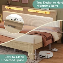 Okwish Lit avec rangement 140x200 cm double, tête de lit LED et banc de rangement, velours côtelé, chêne clair et beige, sans matelas* Lit Avec Rangement