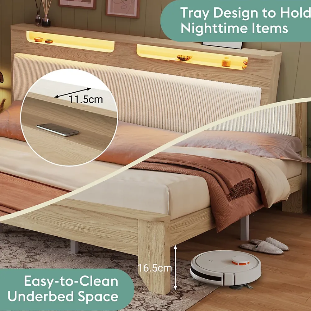 Okwish Lit avec rangement 140x200 cm double, tête de lit LED et banc de rangement, velours côtelé, chêne clair et beige, sans matelas* Lit Avec Rangement