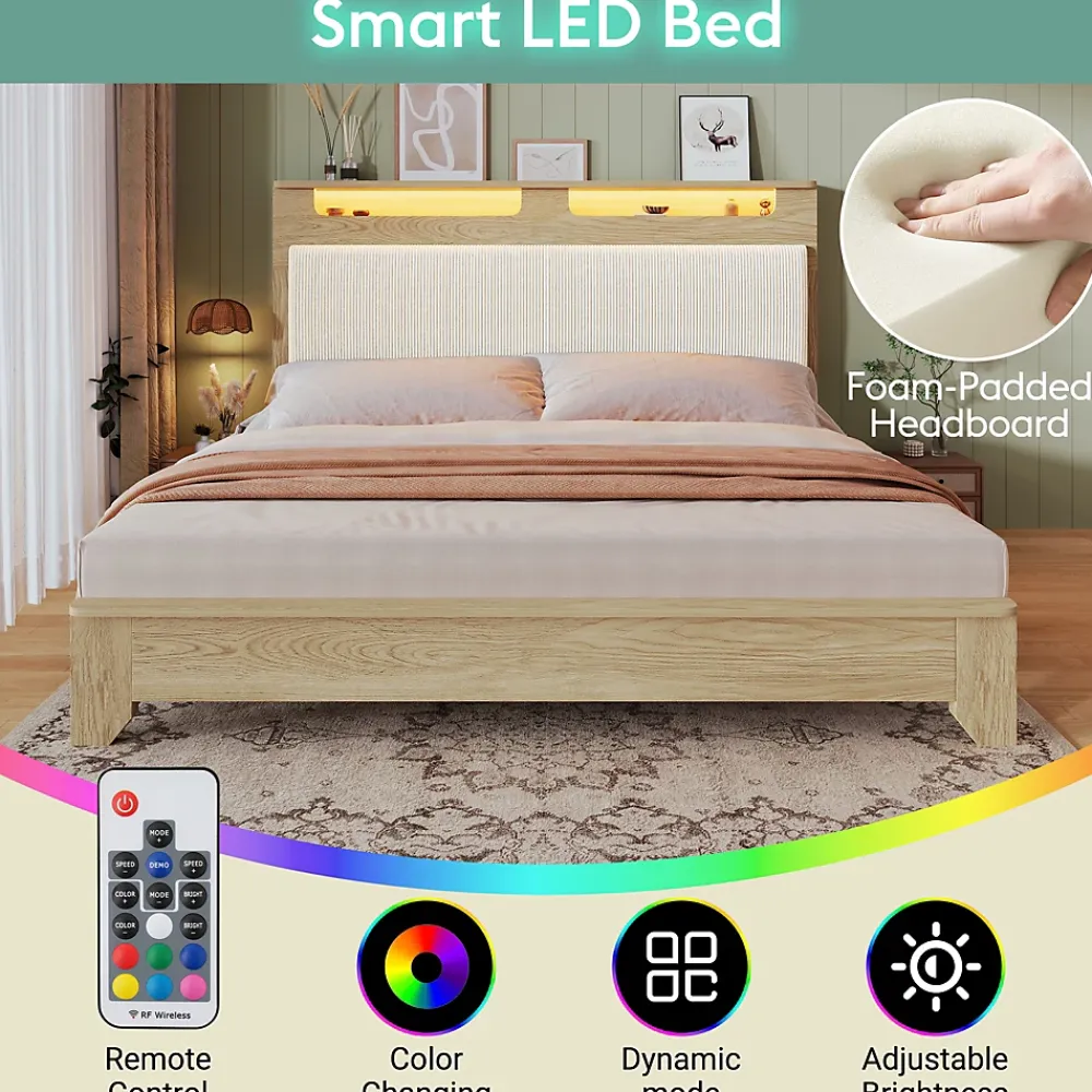 Okwish Lit avec rangement 140x200 cm double, tête de lit LED et banc de rangement, velours côtelé, chêne clair et beige, sans matelas* Lit Avec Rangement