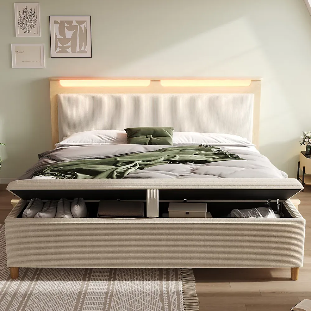 Okwish Lit avec rangement 140x200 cm double, tête de lit LED et banc de rangement, velours côtelé, chêne clair et beige, sans matelas* Lit Avec Rangement
