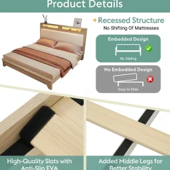 Okwish Lit avec rangement 140x200 cm double, tête de lit LED et banc de rangement, velours côtelé, chêne clair et beige, sans matelas* Lit Avec Rangement