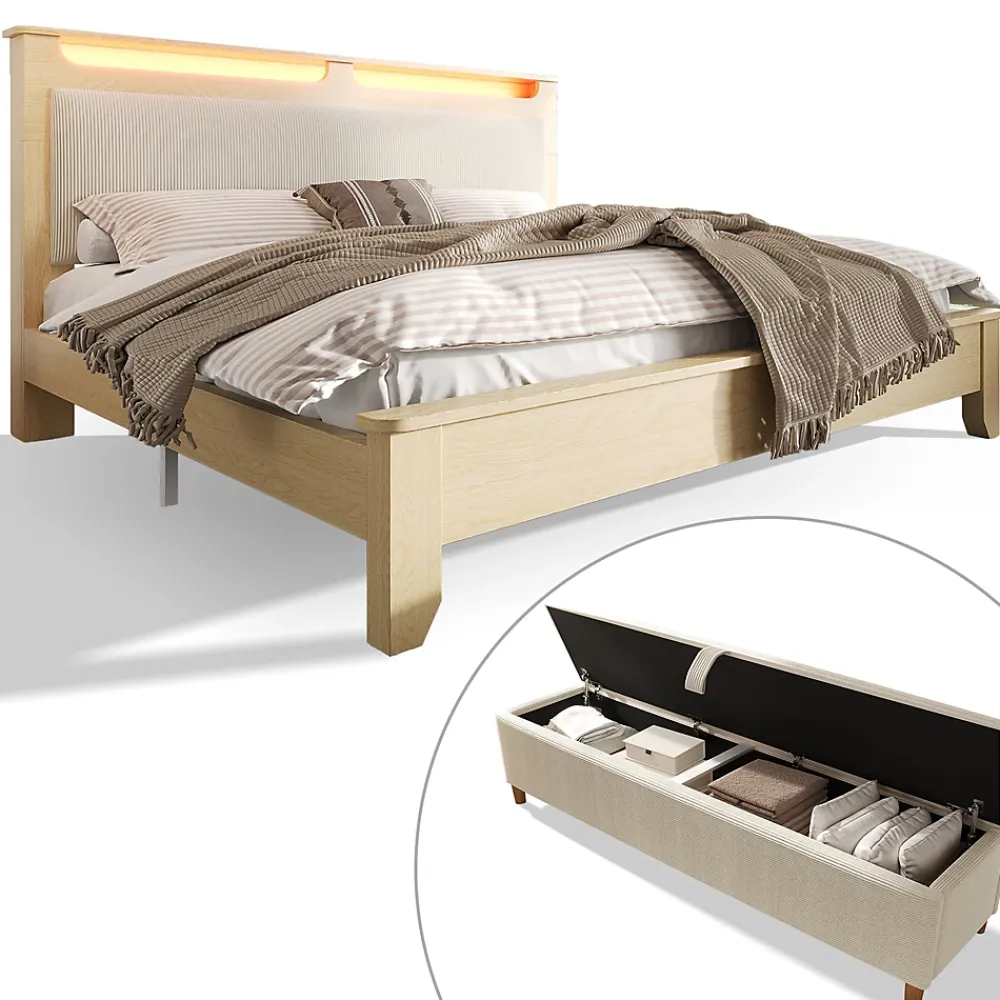 Okwish Lit avec rangement 140x200 cm double, tête de lit LED et banc de rangement, velours côtelé, chêne clair et beige, sans matelas* Lit Avec Rangement