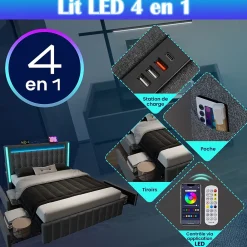 Okwish Lit avec rangement 140x200 cm double capitonné avec ports USB-C et LED, 4 tiroirs intégrés, tissu lin gris, sans matelas* Lit Avec Rangement