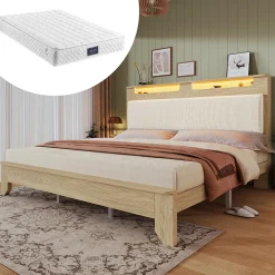 Lit avec rangement 180x200 cm double, éclairage LED intégré, bois chêne clair, design fonctionnel et moderne, sans matelas>Okwish Online