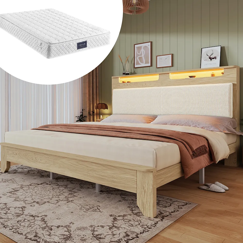 Lit avec rangement 180x200 cm double, éclairage LED intégré, bois chêne clair, design fonctionnel et moderne, sans matelas>Okwish Online