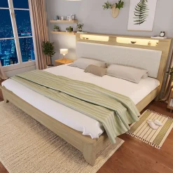 Lit avec rangement 180x200 cm double, éclairage LED intégré, bois chêne clair, design fonctionnel et moderne, sans matelas>Okwish Online