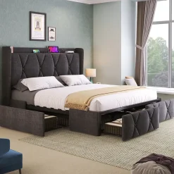 Generique Lit avec rangement 140x200 cm double capitonné avec ports USB et 4 tiroirs, structure lin et bois, gris, sans matelas* Lit Avec Rangement