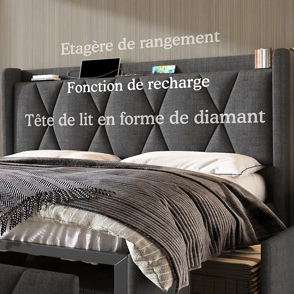 Generique Lit avec rangement 140x200 cm double capitonné avec ports USB et 4 tiroirs, structure lin et bois, gris, sans matelas* Lit Avec Rangement