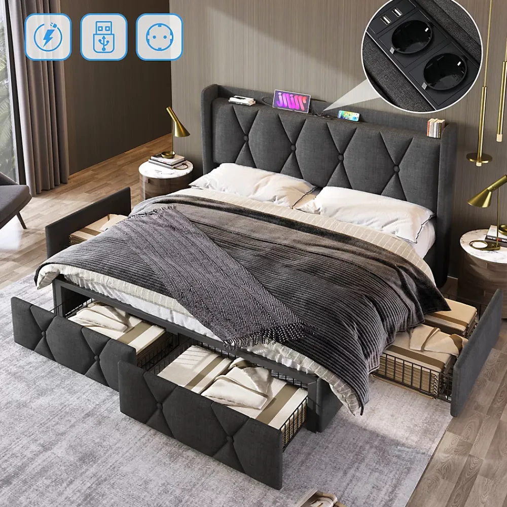 Generique Lit avec rangement 140x200 cm double capitonné avec ports USB et 4 tiroirs, structure lin et bois, gris, sans matelas* Lit Avec Rangement