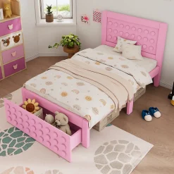 Lit avec rangement 90x200 cm, lit simple design créatif avec tiroirs intégrés, structure MDF et bois massif, rose sans matelas>Okwish Sale