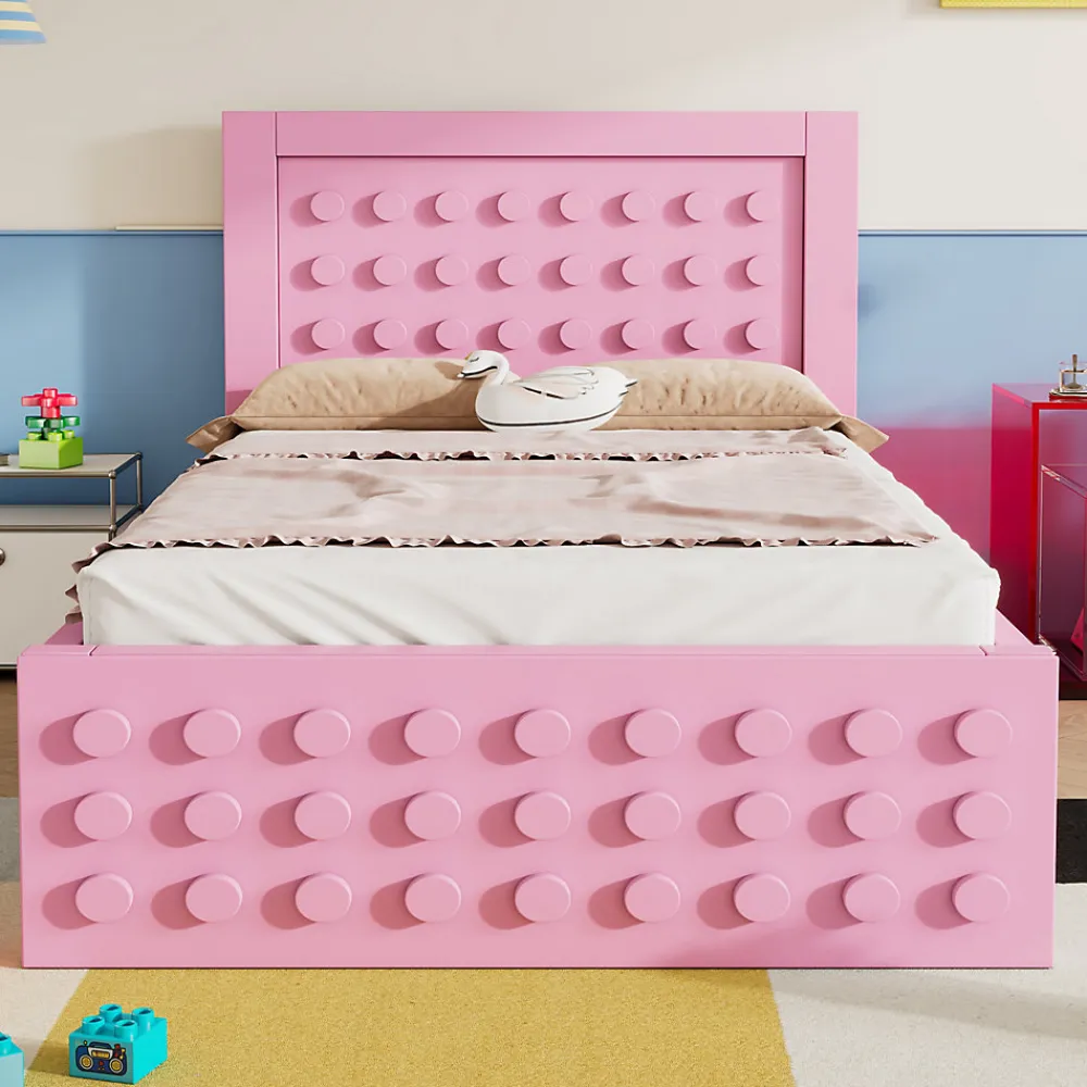 Lit avec rangement 90x200 cm, lit simple design créatif avec tiroirs intégrés, structure MDF et bois massif, rose sans matelas>Okwish Sale