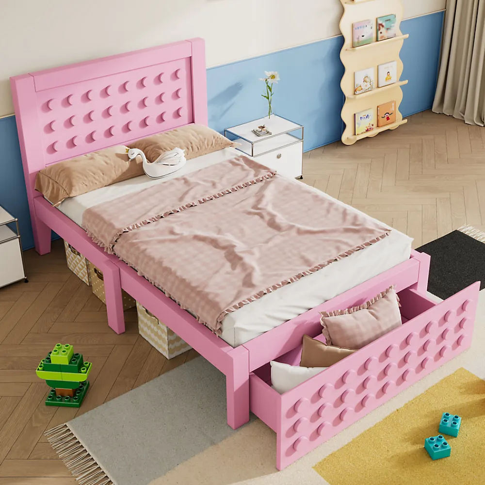 Lit avec rangement 90x200 cm, lit simple design créatif avec tiroirs intégrés, structure MDF et bois massif, rose sans matelas>Okwish Sale