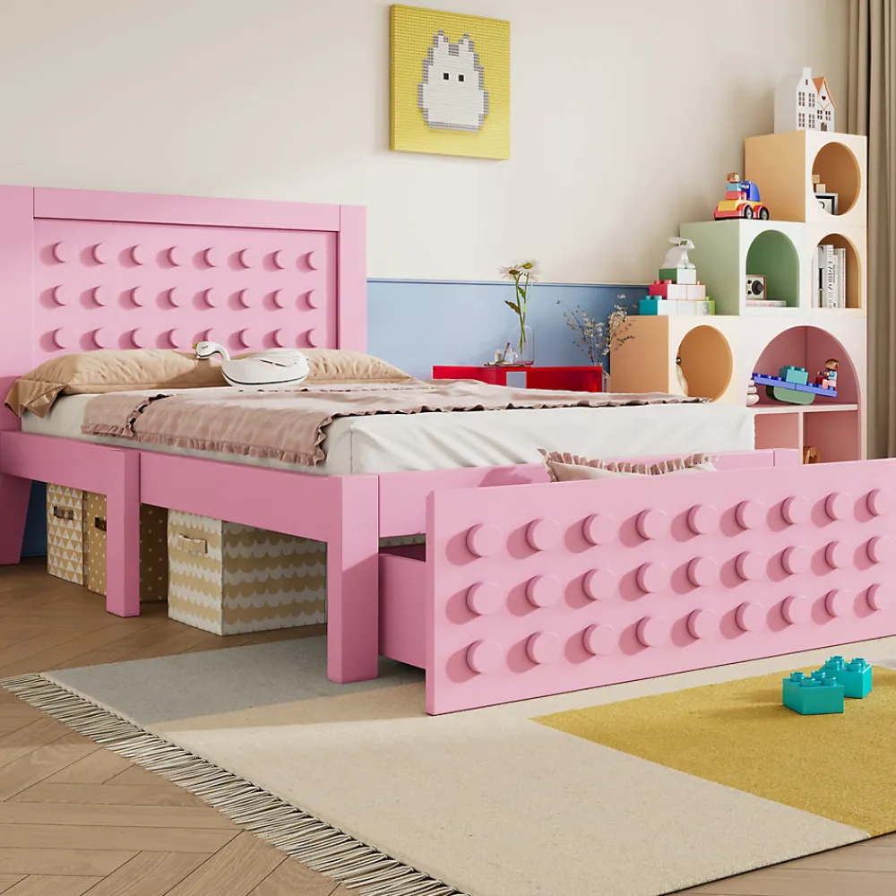 Lit avec rangement 90x200 cm, lit simple design créatif avec tiroirs intégrés, structure MDF et bois massif, rose sans matelas>Okwish Sale