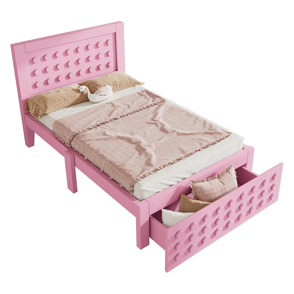 Lit avec rangement 90x200 cm, lit simple design créatif avec tiroirs intégrés, structure MDF et bois massif, rose sans matelas>Okwish Sale