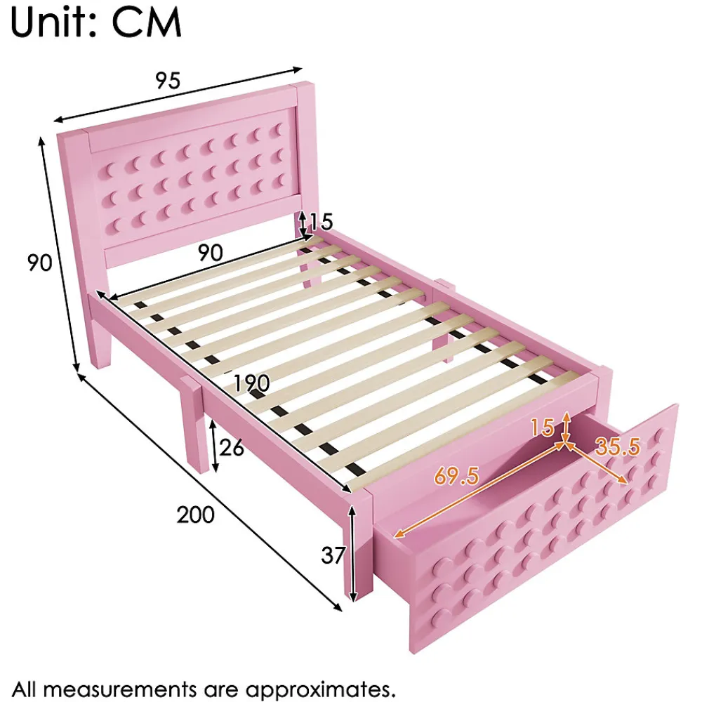 Lit avec rangement 90x190 cm, lit simple avec tiroirs pratiques et sommier inclus, MDF et bois massif, rose sans matelas>Okwish Online