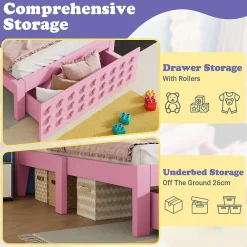 Lit avec rangement 90x190 cm, lit simple avec tiroirs pratiques et sommier inclus, MDF et bois massif, rose sans matelas><noscript><img width=