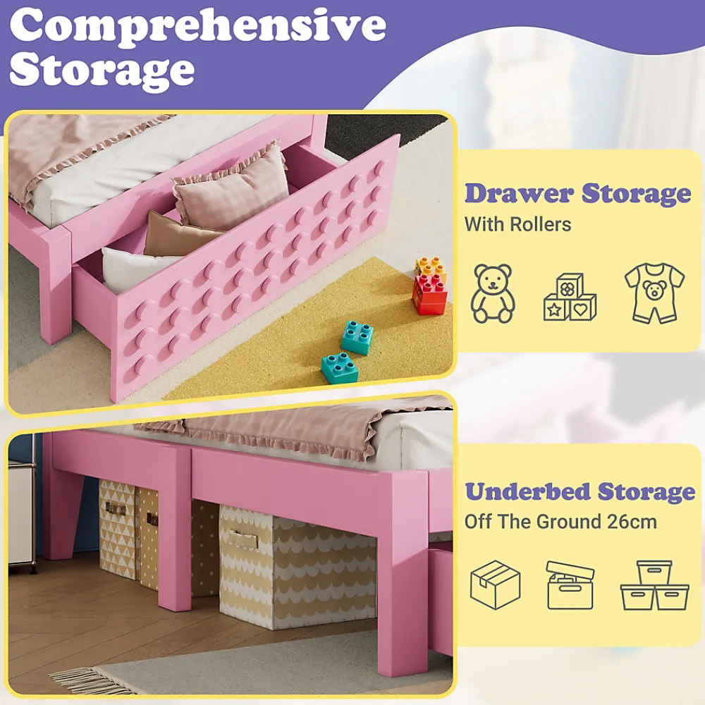 Lit avec rangement 90x190 cm, lit simple avec tiroirs pratiques et sommier inclus, MDF et bois massif, rose sans matelas>Okwish Online
