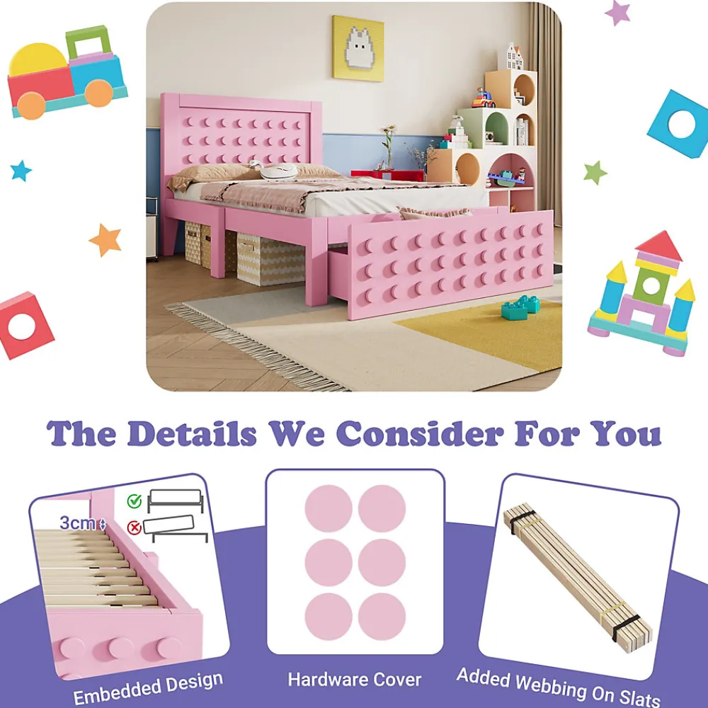 Lit avec rangement 90x190 cm, lit simple avec tiroirs pratiques et sommier inclus, MDF et bois massif, rose sans matelas>Okwish Online