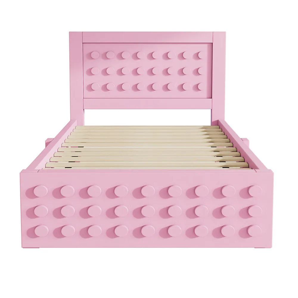 Lit avec rangement 90x190 cm, lit simple avec tiroirs pratiques et sommier inclus, MDF et bois massif, rose sans matelas>Okwish Online