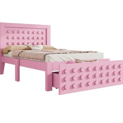 Lit avec rangement 90x190 cm, lit simple avec tiroirs pratiques et sommier inclus, MDF et bois massif, rose sans matelas><noscript><img width=