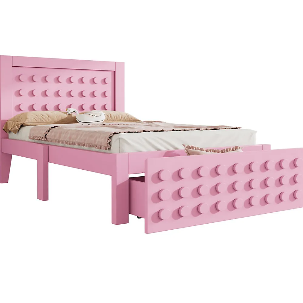 Lit avec rangement 90x190 cm, lit simple avec tiroirs pratiques et sommier inclus, MDF et bois massif, rose sans matelas>Okwish Online