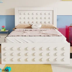 Okwish Lit avec rangement 90x190 cm, lit simple design créatif avec tiroirs et sommier inclus, MDF et bois massif, blanc sans matelas* Lit Avec Rangement