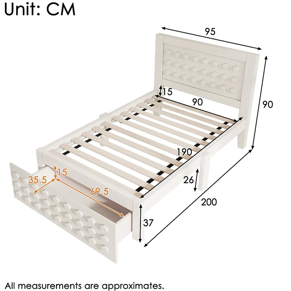 Okwish Lit avec rangement 90x190 cm, lit simple design créatif avec tiroirs et sommier inclus, MDF et bois massif, blanc sans matelas* Lit Avec Rangement