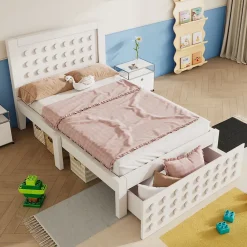Okwish Lit avec rangement 90x190 cm, lit simple design créatif avec tiroirs et sommier inclus, MDF et bois massif, blanc sans matelas* Lit Avec Rangement
