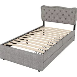 Okwish Lit avec rangement 90x200 cm simple capitonné avec 2 tiroirs et tête de lit ondulée cloutée - revêtement en lin gris* Lit Simple