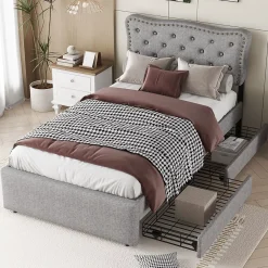Okwish Lit avec rangement 90x200 cm simple capitonné avec 2 tiroirs et tête de lit ondulée cloutée - revêtement en lin gris* Lit Simple