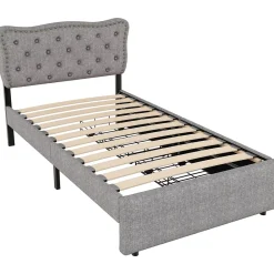 Okwish Lit avec rangement 90x200 cm simple capitonné avec 2 tiroirs et tête de lit ondulée cloutée - revêtement en lin gris* Lit Simple