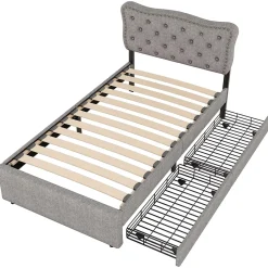 Okwish Lit avec rangement 90x200 cm simple capitonné avec 2 tiroirs et tête de lit ondulée cloutée - revêtement en lin gris* Lit Simple