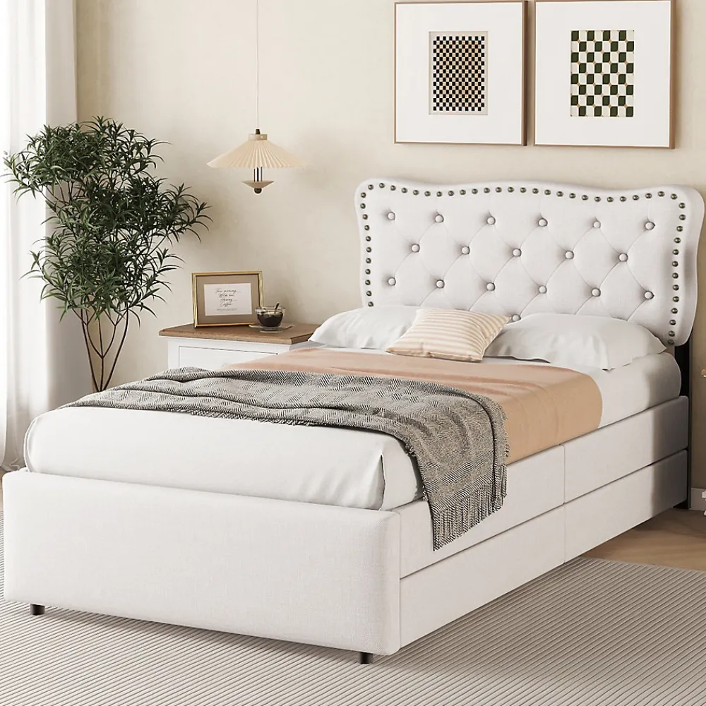 Lit avec rangement 90x200 cm simple capitonné avec 2 tiroirs et tête de lit ondulée cloutée - revêtement en lin beige clair>Okwish Sale