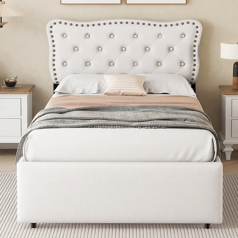 Lit avec rangement 90x200 cm simple capitonné avec 2 tiroirs et tête de lit ondulée cloutée - revêtement en lin beige clair>Okwish Sale