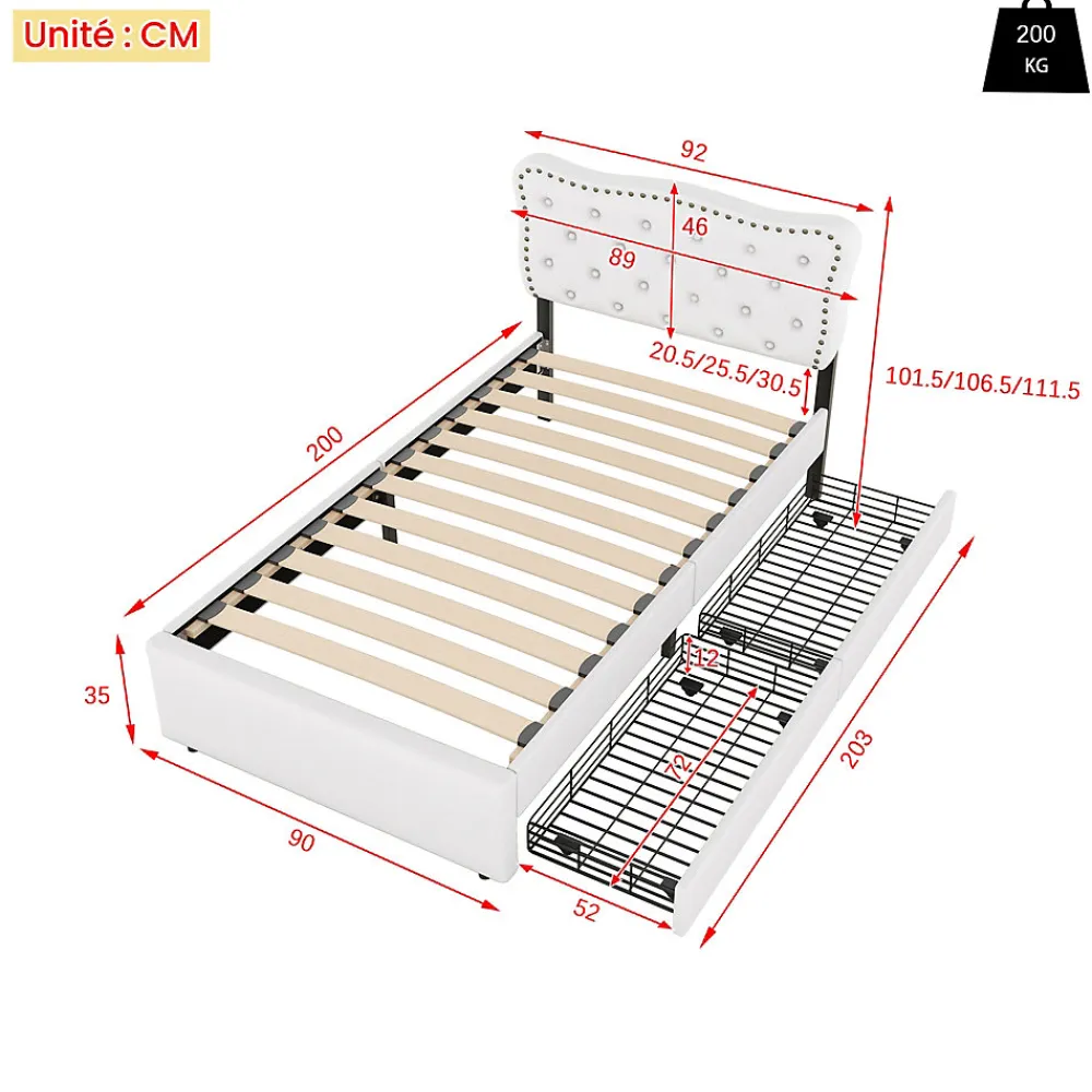 Lit avec rangement 90x200 cm simple capitonné avec 2 tiroirs et tête de lit ondulée cloutée - revêtement en lin beige clair>Okwish Sale