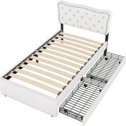 Lit avec rangement 90x200 cm simple capitonné avec 2 tiroirs et tête de lit ondulée cloutée - revêtement en lin beige clair><noscript><img width=