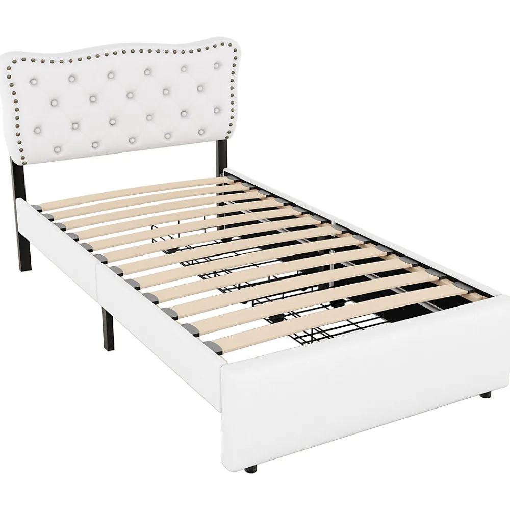 Lit avec rangement 90x200 cm simple capitonné avec 2 tiroirs et tête de lit ondulée cloutée - revêtement en lin beige clair>Okwish Sale