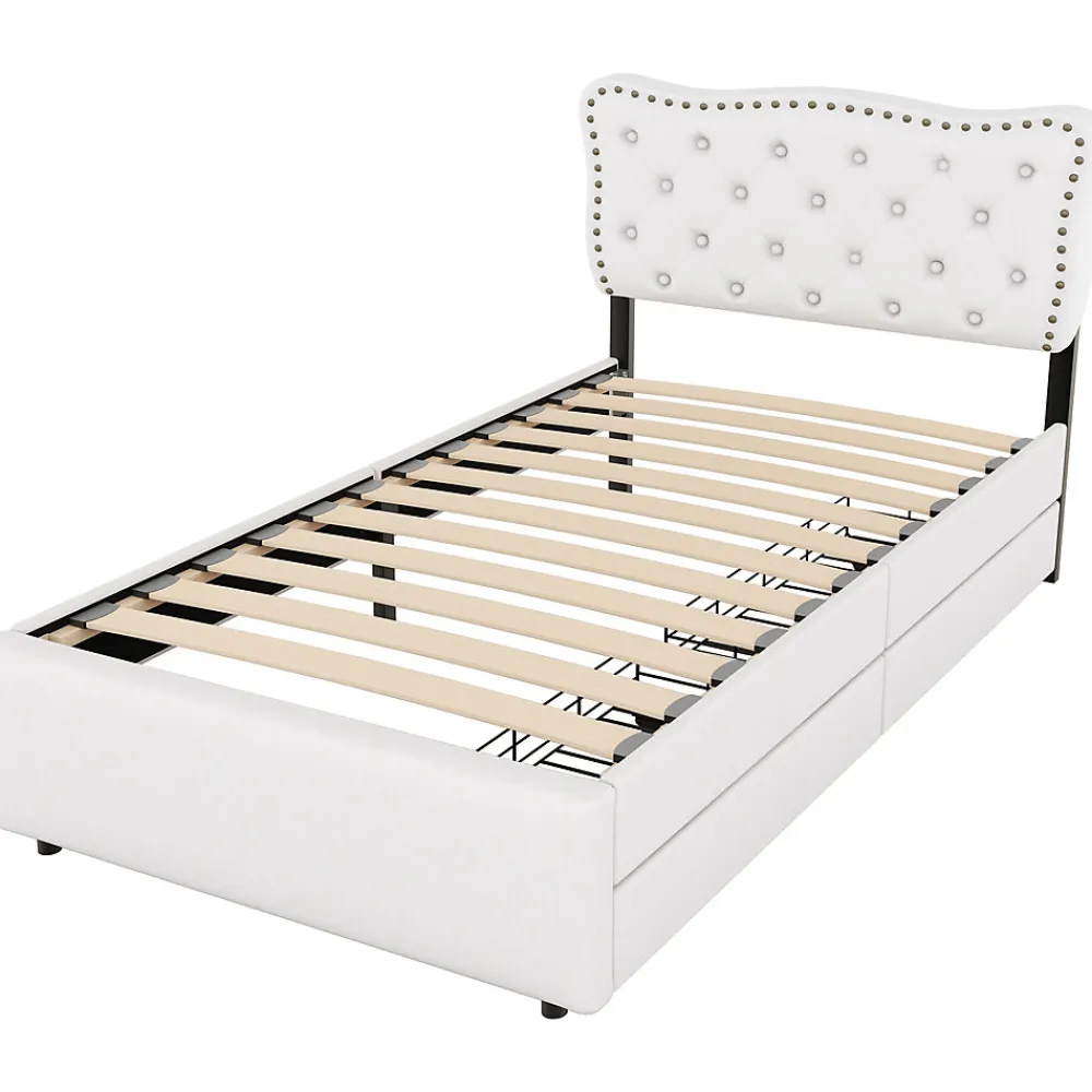 Lit avec rangement 90x200 cm simple capitonné avec 2 tiroirs et tête de lit ondulée cloutée - revêtement en lin beige clair>Okwish Sale