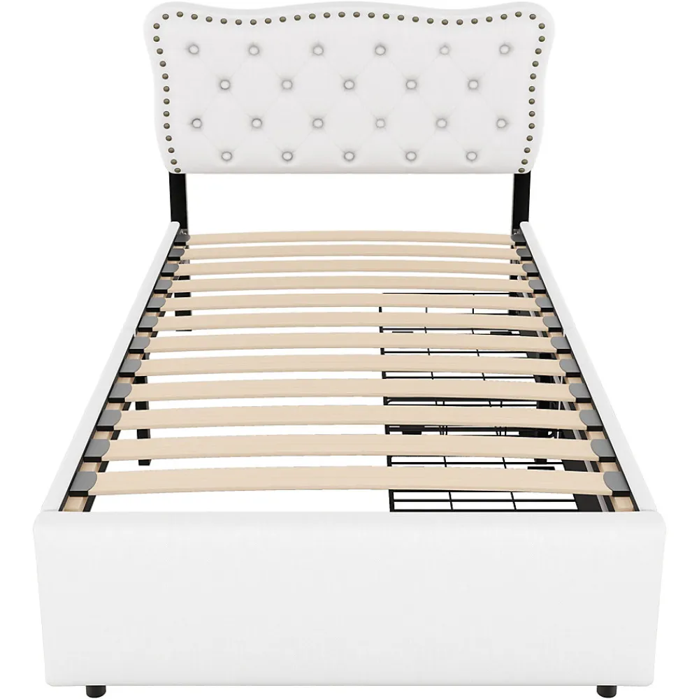 Lit avec rangement 90x200 cm simple capitonné avec 2 tiroirs et tête de lit ondulée cloutée - revêtement en lin beige clair>Okwish Sale