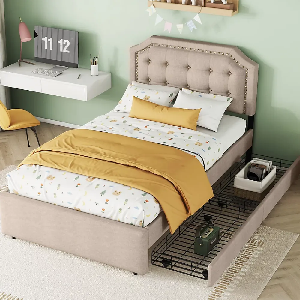 Okwish Lit avec rangement 90x200 cm simple capitonné avec 2 tiroirs et tête de lit courbée cloutée - revêtement en lin beige foncé* Lit Simple