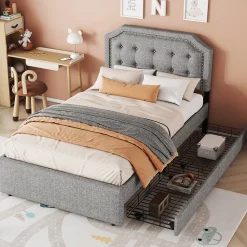 Okwish Lit avec rangement 90x200 cm simple capitonné avec 2 tiroirs et tête de lit courbée cloutée - revêtement en lin gris* Lit Simple