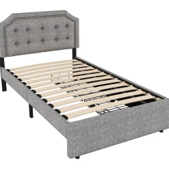 Okwish Lit avec rangement 90x200 cm simple capitonné avec 2 tiroirs et tête de lit courbée cloutée - revêtement en lin gris* Lit Simple