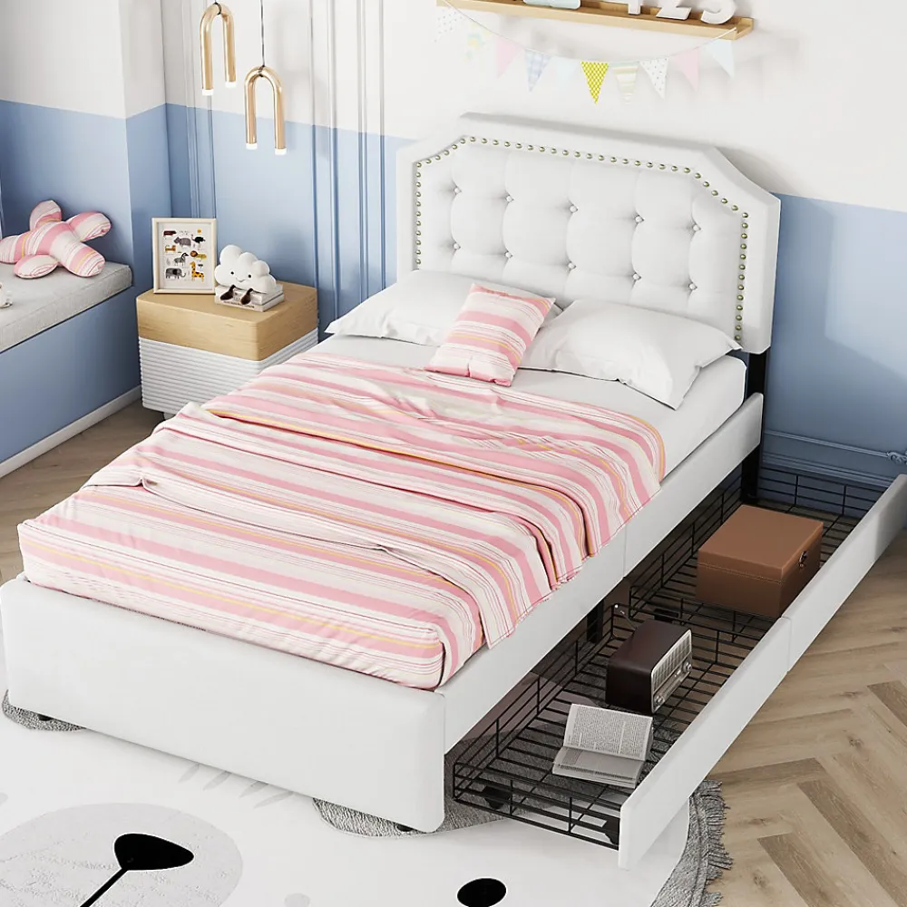 Lit avec rangement 90x200 cm simple capitonné avec 2 tiroirs et tête de lit courbée cloutée - revêtement en lin beige foncé>Okwish