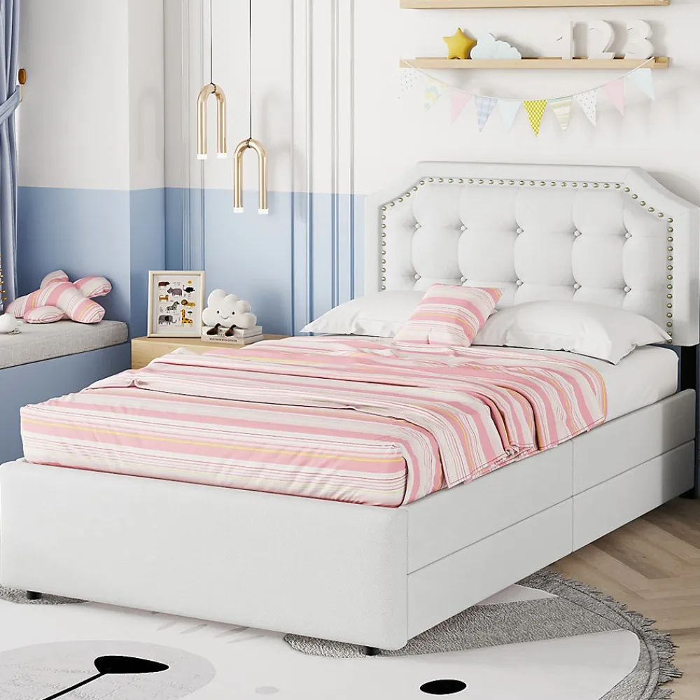 Lit avec rangement 90x200 cm simple capitonné avec 2 tiroirs et tête de lit courbée cloutée - revêtement en lin beige foncé>Okwish
