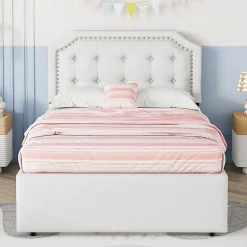 Lit avec rangement 90x200 cm simple capitonné avec 2 tiroirs et tête de lit courbée cloutée - revêtement en lin beige foncé><noscript><img width=