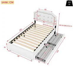 Lit avec rangement 90x200 cm simple capitonné avec 2 tiroirs et tête de lit courbée cloutée - revêtement en lin beige foncé><noscript><img width=