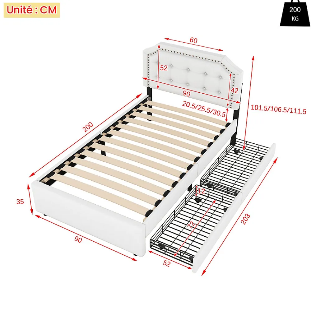 Lit avec rangement 90x200 cm simple capitonné avec 2 tiroirs et tête de lit courbée cloutée - revêtement en lin beige foncé>Okwish