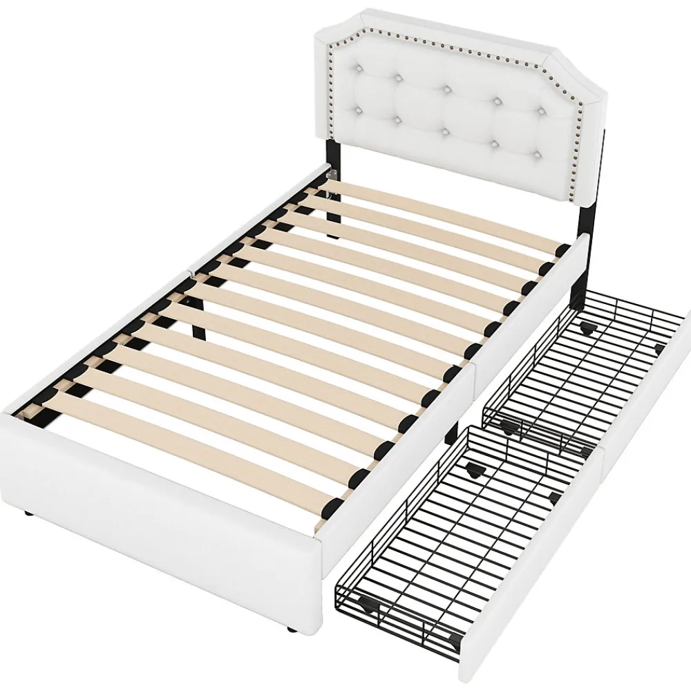 Lit avec rangement 90x200 cm simple capitonné avec 2 tiroirs et tête de lit courbée cloutée - revêtement en lin beige foncé>Okwish